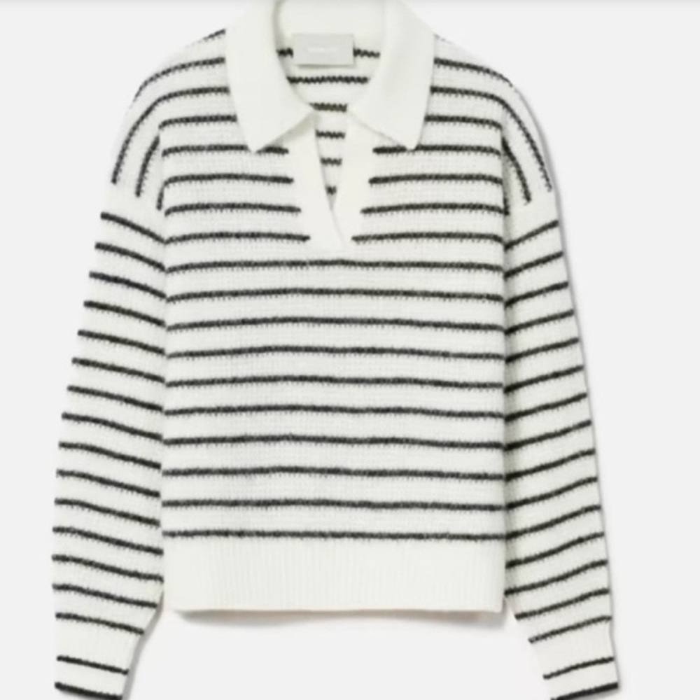 Everlane Alpaca Waffle-Stitch Polo Striped Black and Cream Sweater Size S
